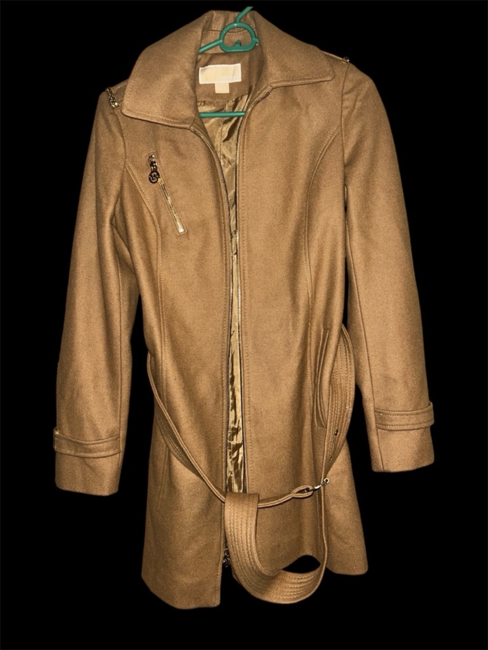 MICHAEL Michael Kors Camel Wool Blend Belted Moto Coat Gold Hardware Small